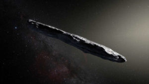 This artist’s impression shows the first interstellar asteroid: `Oumuamua. This unique object was discovered on 19 October 2017 by the Pan-STARRS 1 telescope in Hawai`i. Subsequent observations from ESO’s Very Large Telescope in Chile and other observatories around the world show that it was travelling through space for millions of years before its chance encounter with our star system. `Oumuamua seems to be a dark red highly-elongated metallic or rocky object, about 400 metres long, and is unlike anything normally found in the Solar System.